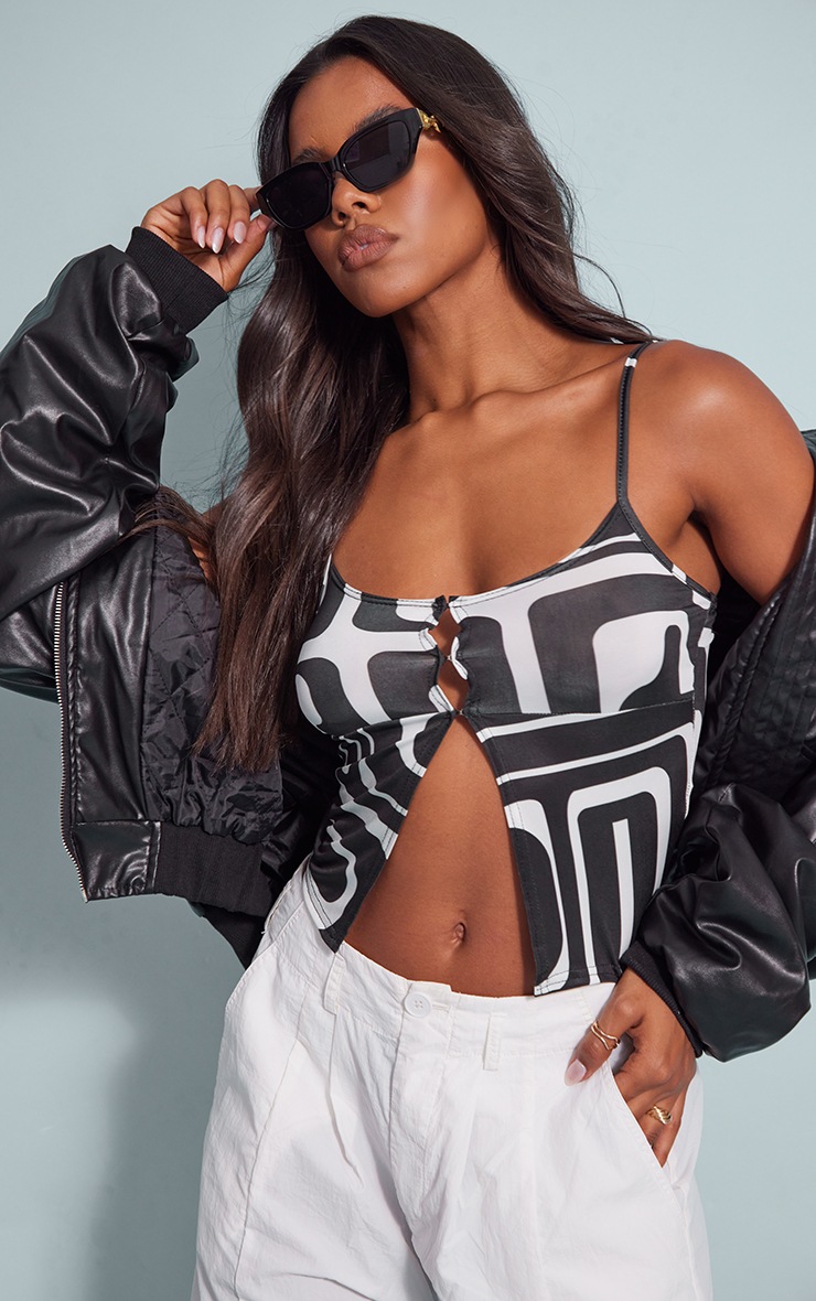 Black Printed Slinky Hook And Eye Crop Top