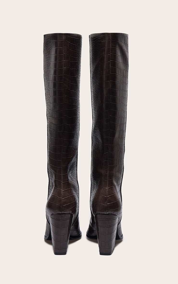 Chocolate Croc PU Point Toe Block Heeled Knee High Boots image 2