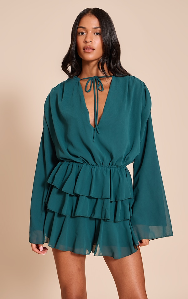 Tall Teal Chiffon V Neck Frill Tiered Playsuit