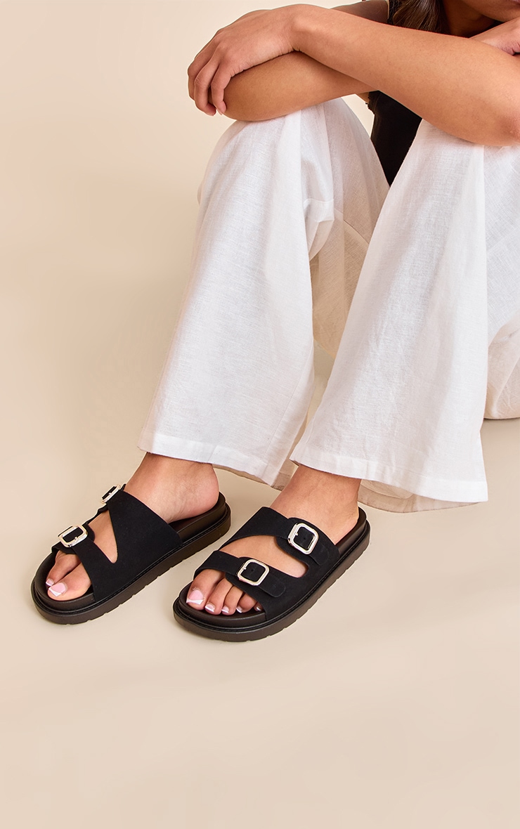 Black Faux Suede Double Buckle Footbed Sandals image 1