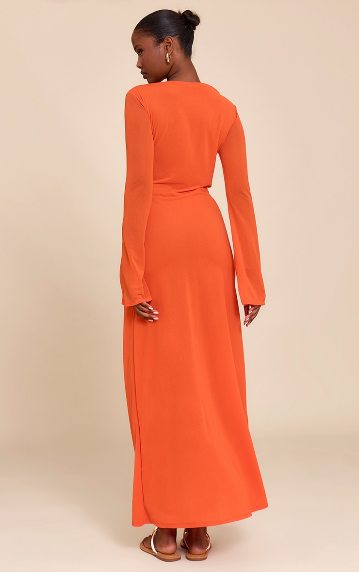 Robe longue en mousseline de soie rouge à col bateau et manches longues image 2