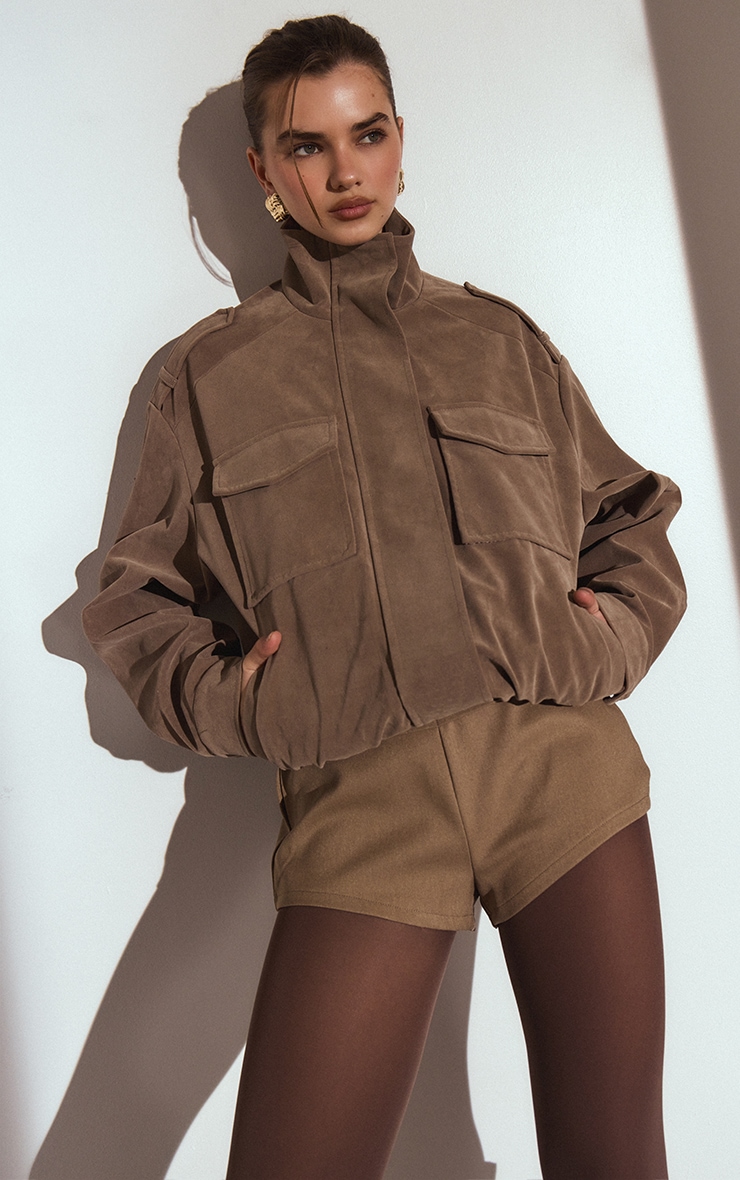 Mushroom Funnel Neck Pocket Detail Faux Suede Bomber  image 1