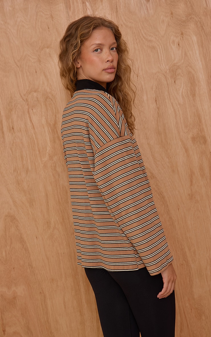 Tan Stripey Collar Detail Long Sleeve Rugby Top  image 2