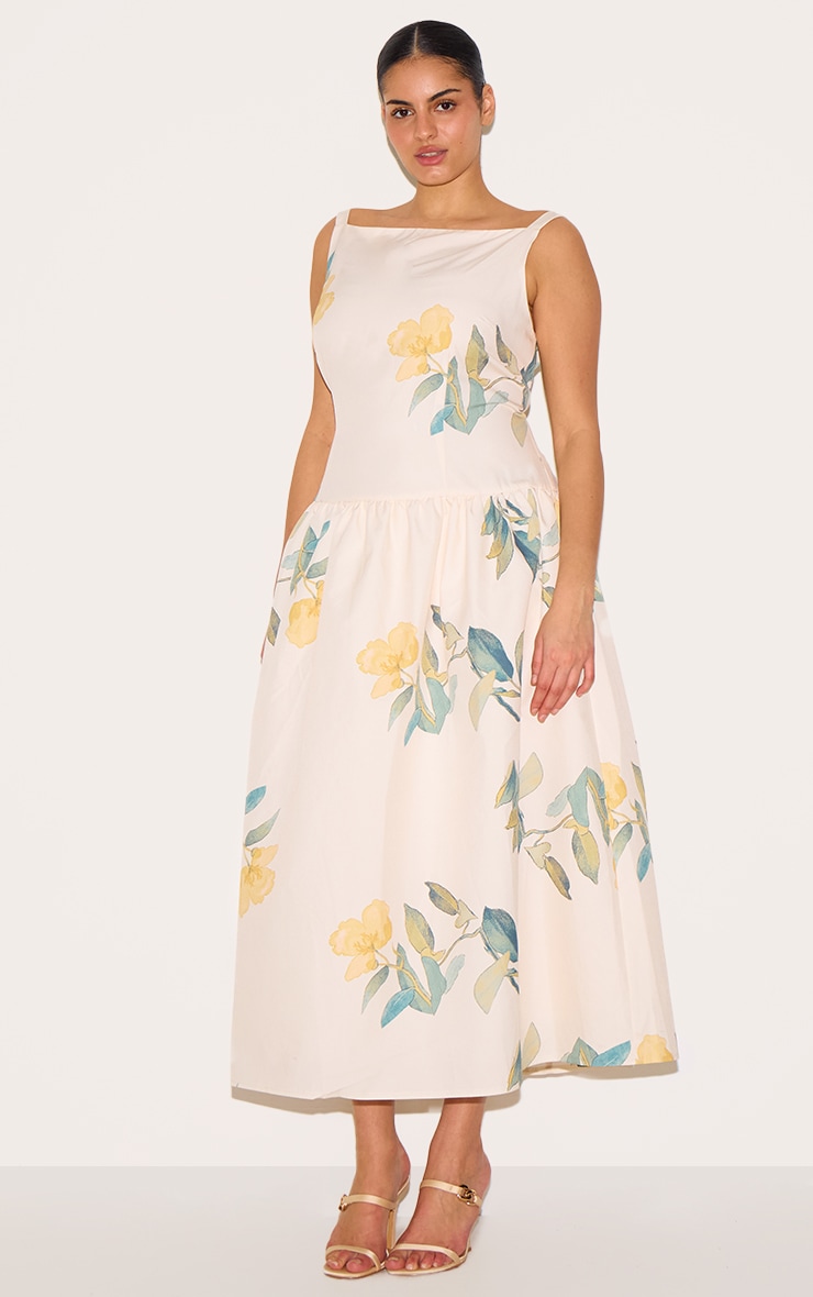 Plus Yellow Floral Printed Dropped Waist Midaxi Dress image 3