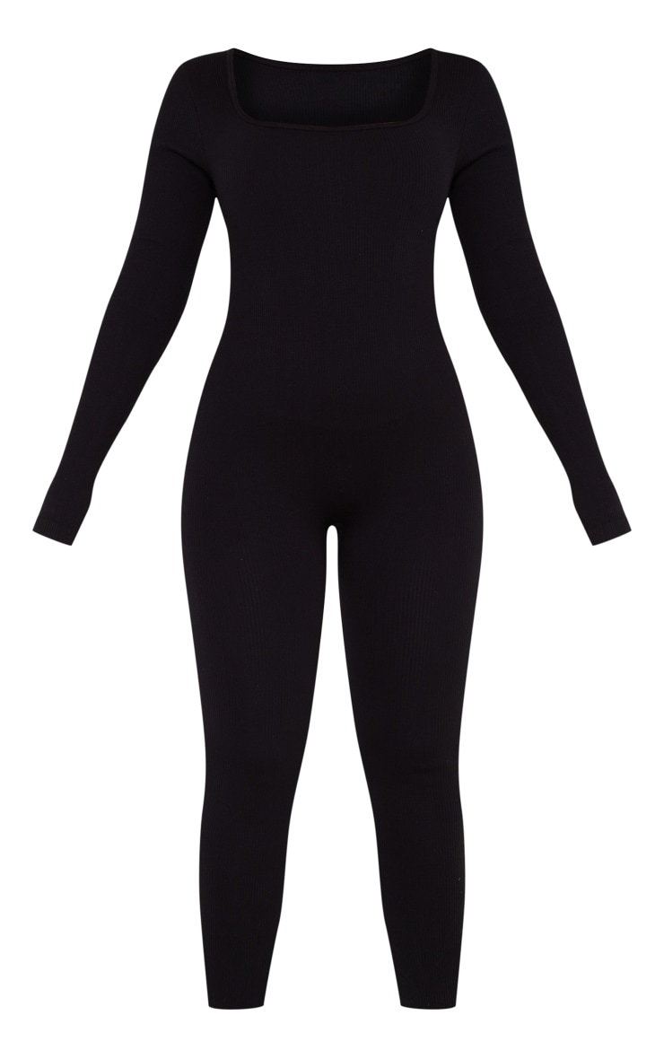 Black Snatched Rib Square Neck Long Sleeve Jumpsuit image 5