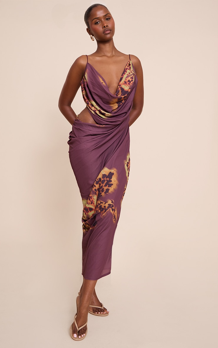 Purple Floral Chiffon Drape Cut Out Midaxi Dress image 3