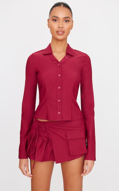 Burgundy Woven Long Sleeve Cargo Detail Shirt