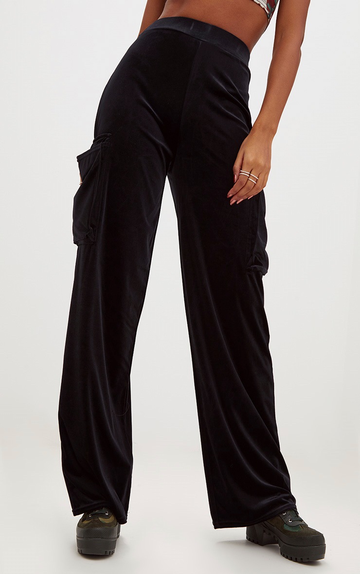 Black Velvet Cargo Wide Leg Trousers PrettyLittleThing
