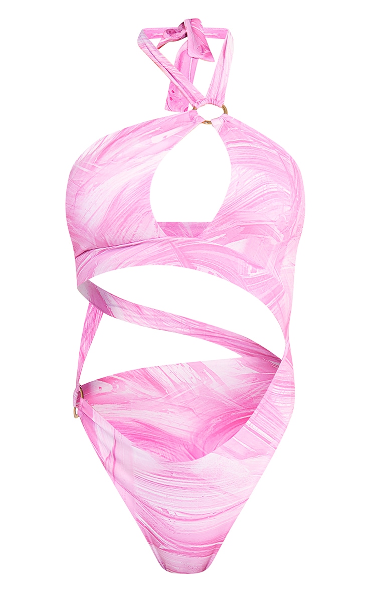Candy Pink Abstract Cut Out Halterneck O Ring Detail Swimsuit image 5