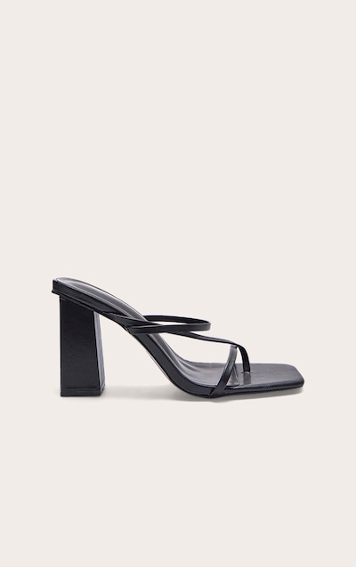 Black PU Toe Loop Strappy Block Heeled Mules