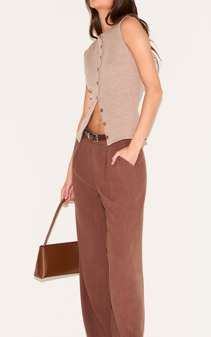Dark Chocolate Linen Blend Tailored Straight Leg Pants image 4