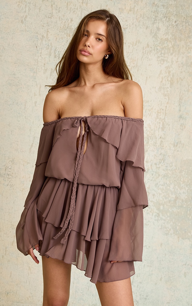 Mushroom Chiffon Ruffle Detail Long Sleeve Romper image 1