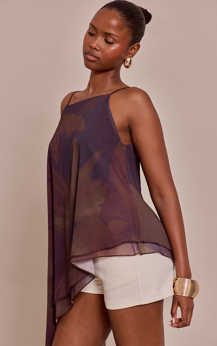 Mauve Printed Chiffon Strappy Asymmetric Longline Top image 4