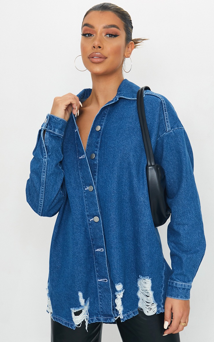 Mid Blue Wash Oversized Drop Shoulder Distressed Denim Shirt