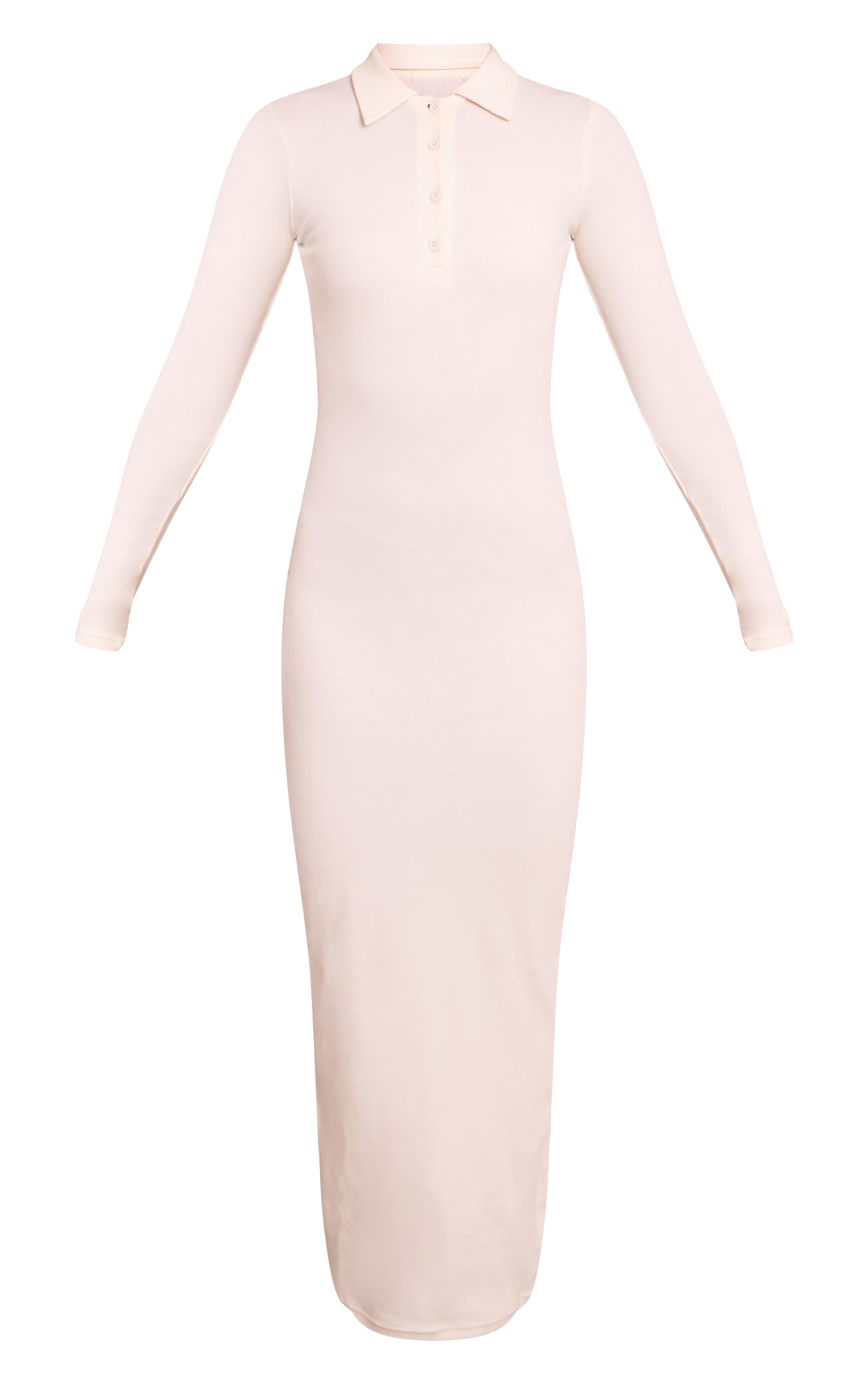 Cream Ribbed Button Down Collar Detail Long Sleeve Maxi Dress image 5