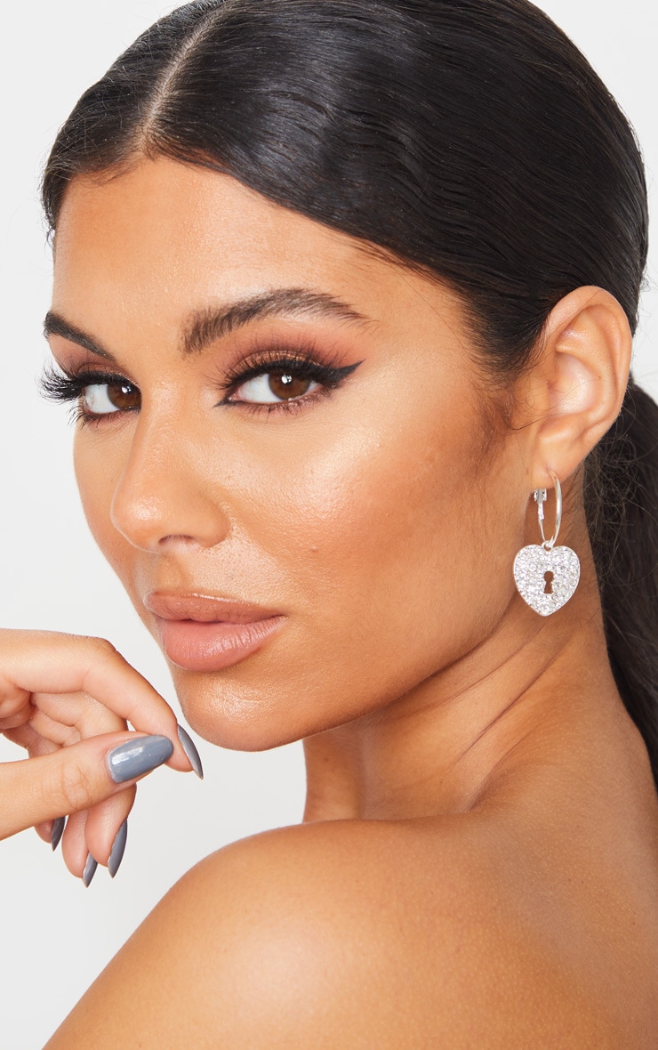 Silver Mini Hoops With Heart Padlock Earrings