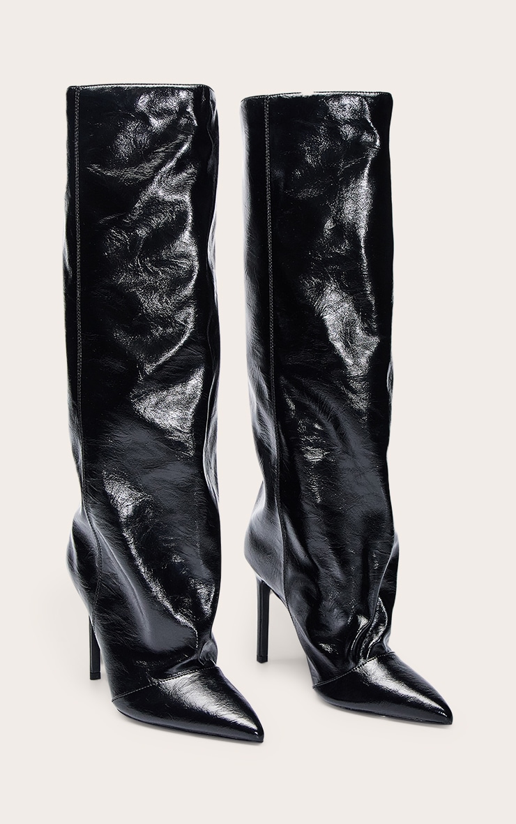 Black Crinkle Patent Ruched Knee Boots image 3