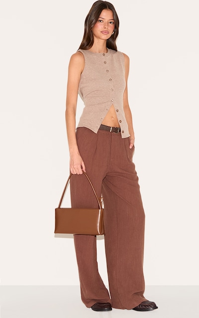 Pantalon de tailleur droit en effet lin mélangé chocolat foncé