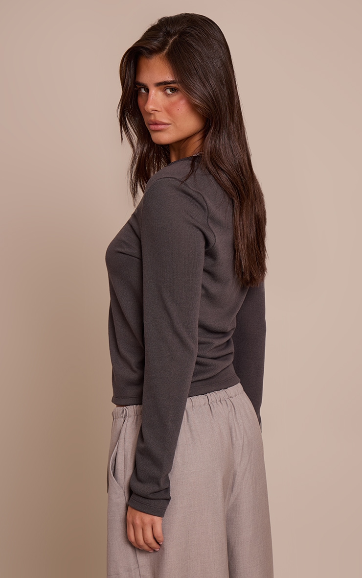 Charcoal Rib V Neck Long Sleeve Top image 2