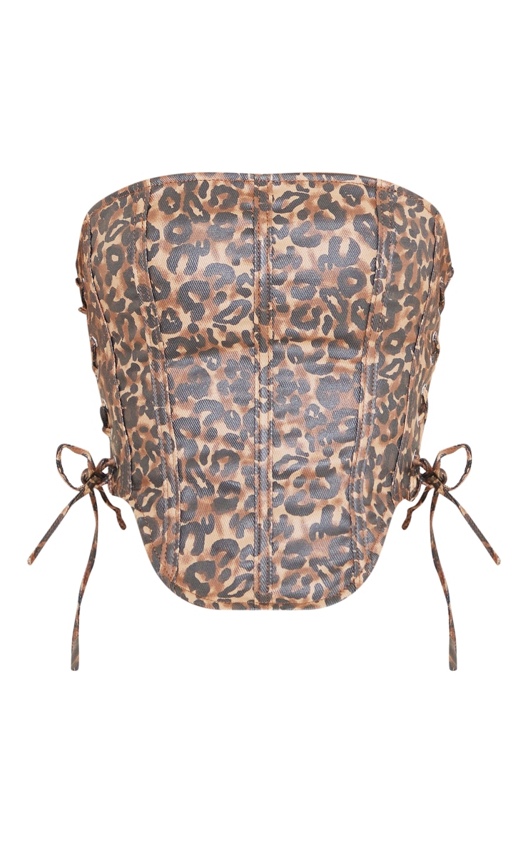  Leopard Print Coated Denim Dipped Hem Laced Corset Top image 5