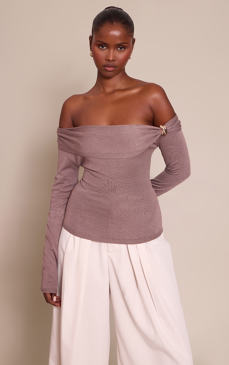 Mocha Long Sleeve Twist Shoulder Detail Knitted Top