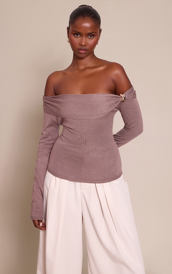 Mocha Long Sleeve Twist Shoulder Detail Knitted Top