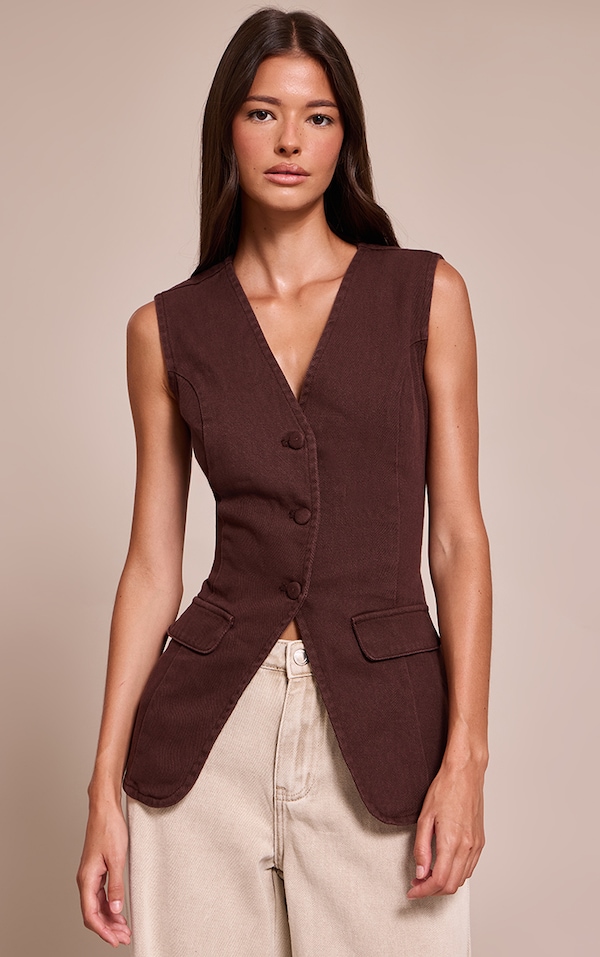 Chocolate Tailored Style Longline Denim Vest