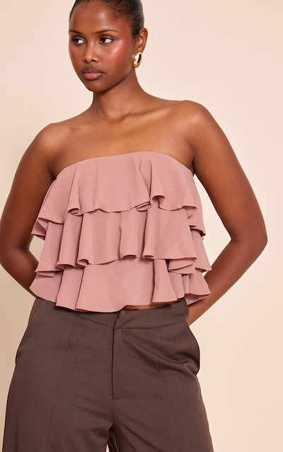 Bustier en mousseline de soie rose dragée à volants