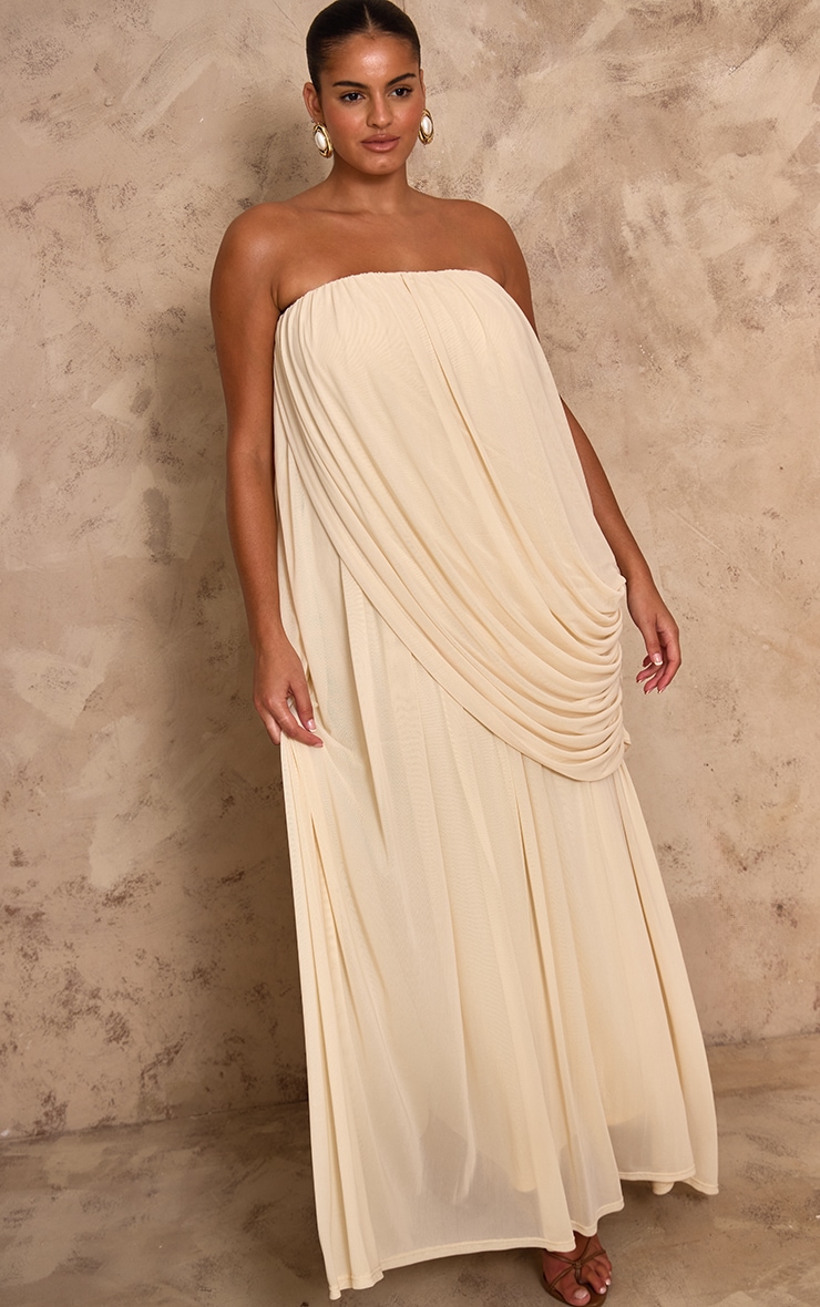 PLT Label Plus Cream Mesh Drape Bandeau Maxi Dress image 1