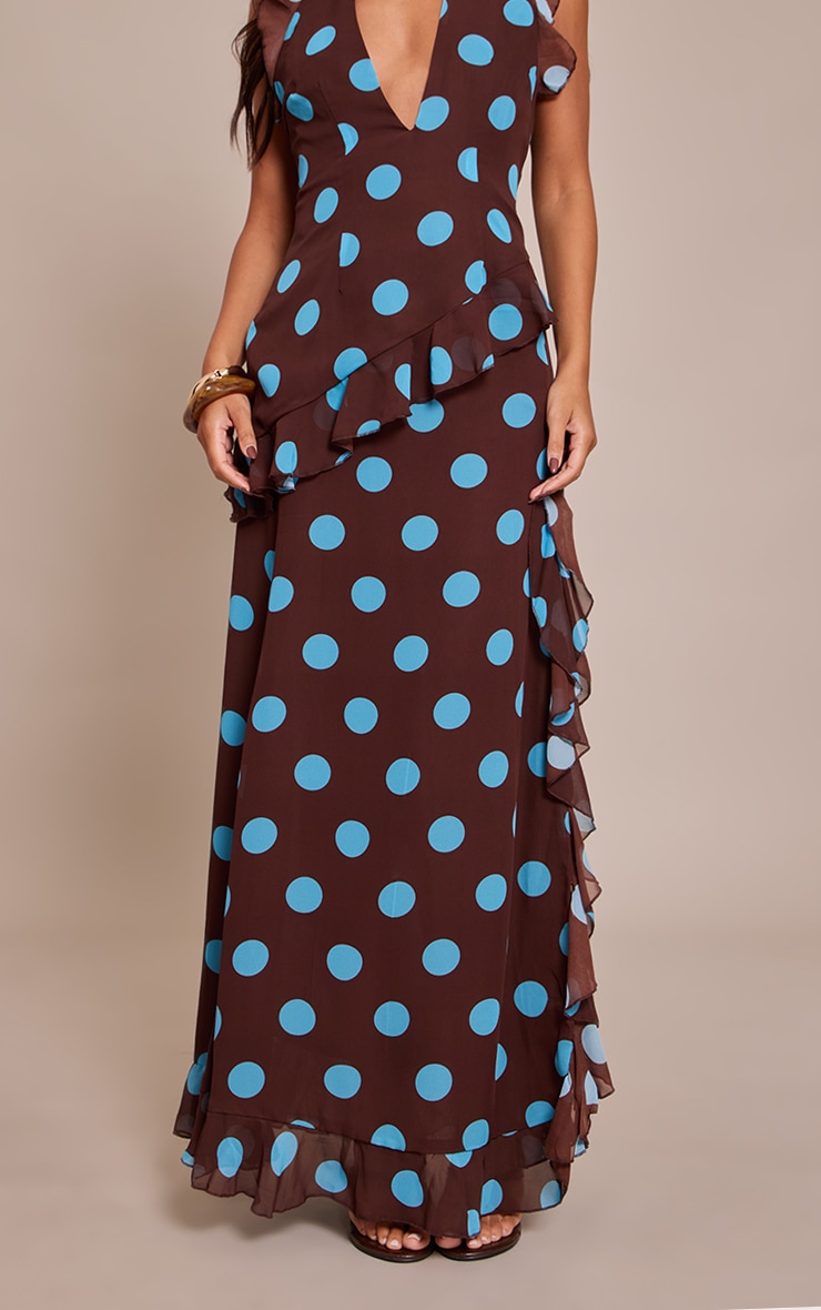 Brown Polka Dot Chiffon Ruched Drop Waist Maxi Skirt image 2