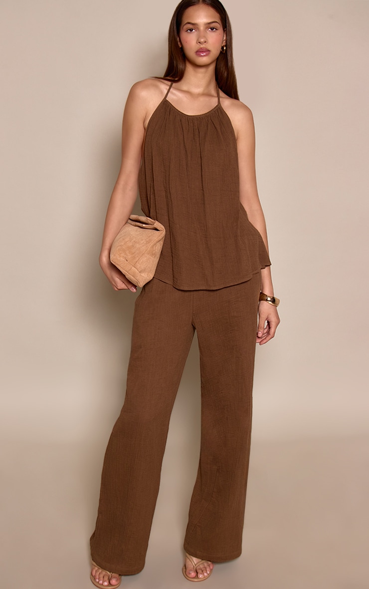 Khaki Textured Linen Look Wide Leg Trouser