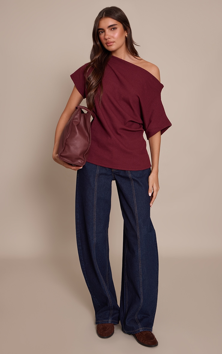Wine Thick Rib Asymmetric Slouchy Long Top image 3