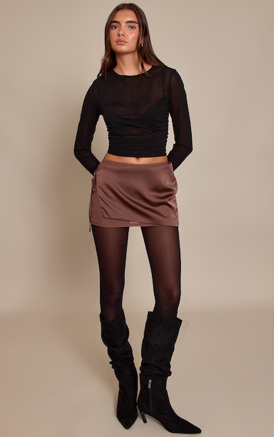Chocolate Satin Wrap Mesh Mini Skirt