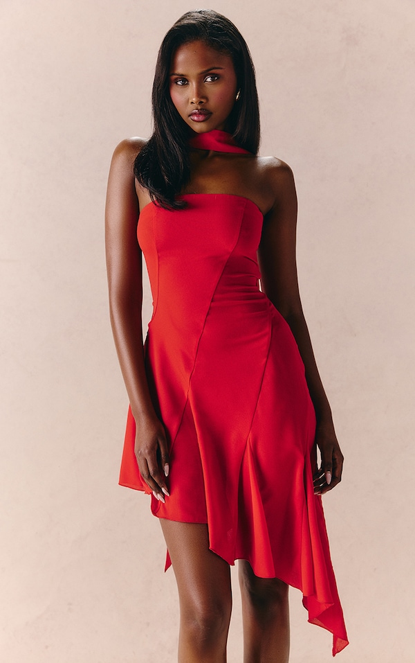 Red Chiffon Godet Neck Detail Asymmetric Mini Dress