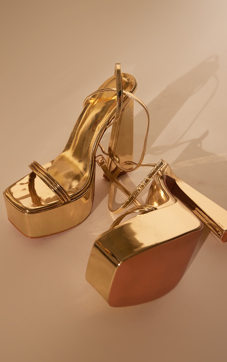 Gold Metallic Square Toe Barely There Platform High Heeled Sandals image 4