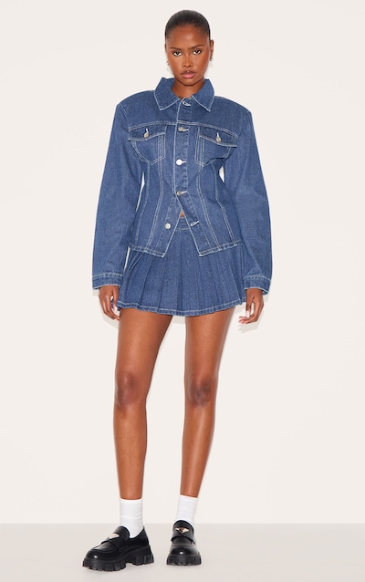 Dark Blue Contrast Stitch Pleated Denim Mini Skirt