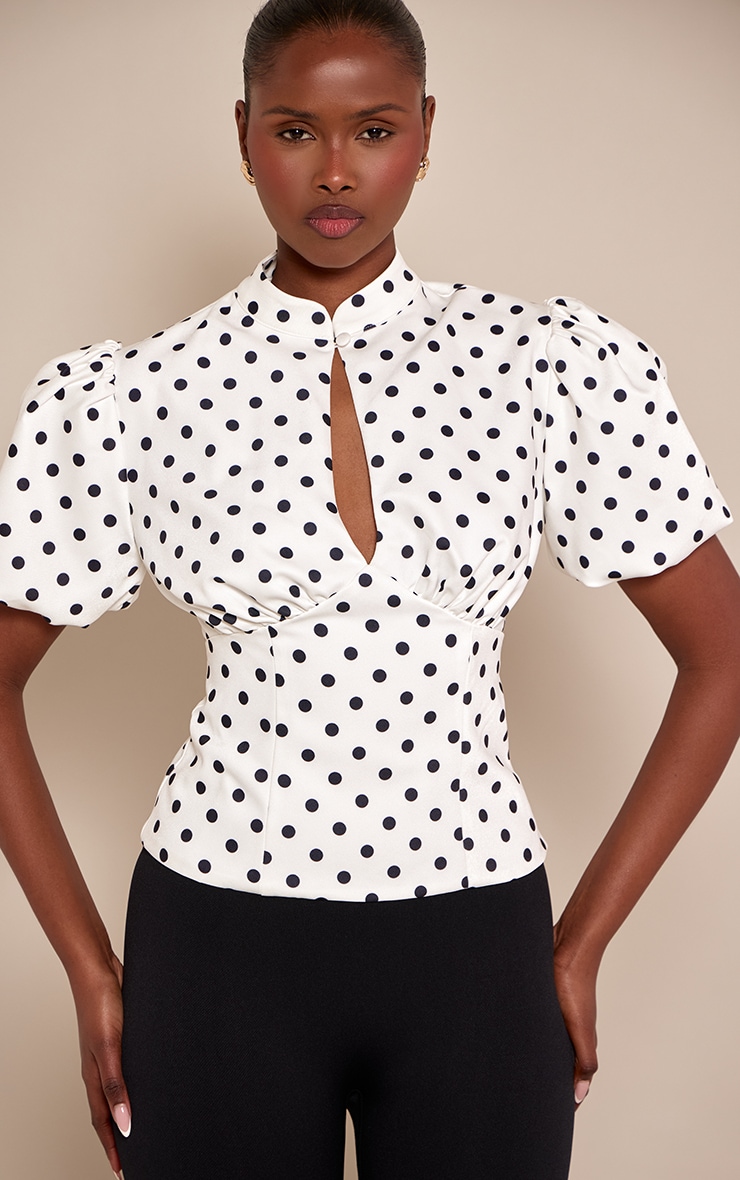 White Polka Dot Woven Cut Out Blouse