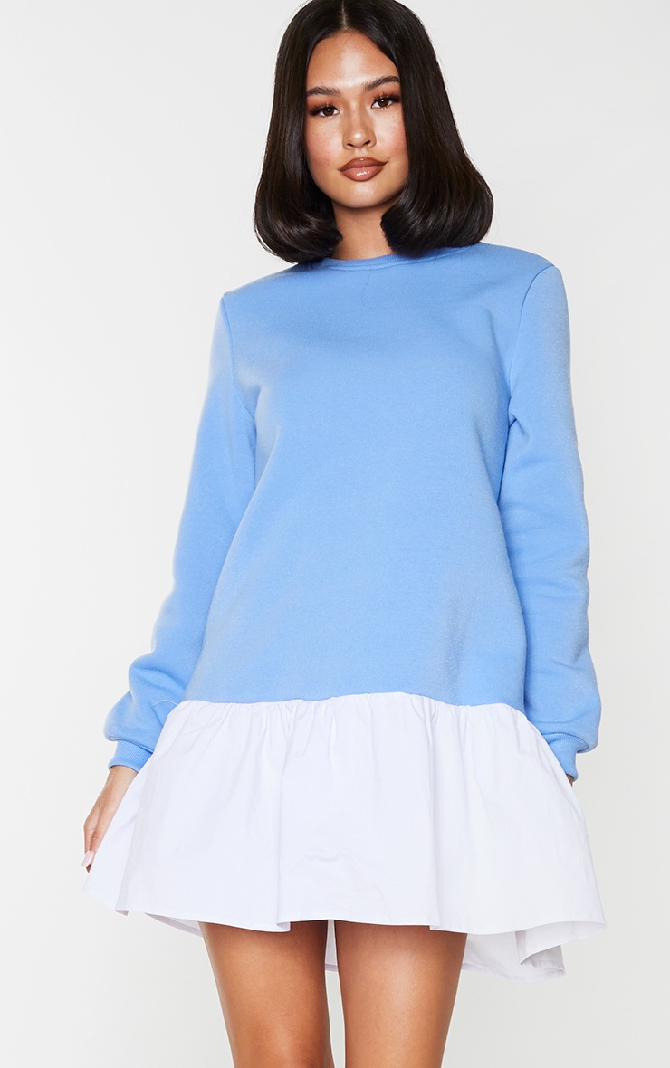 Cornflour Blue Poplin Drop Frill Hem Sweatshirt Dress image 1