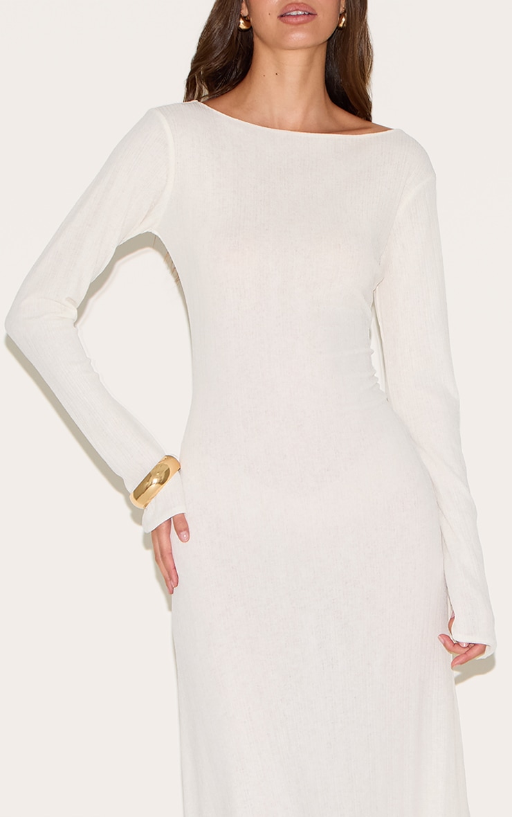 White Textured Boat Neck Long Sleeve Bodycon Maxi Dress image 4