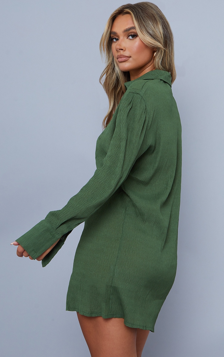 Khaki Crinkle Button Down Oversized Shirt Dress image 2