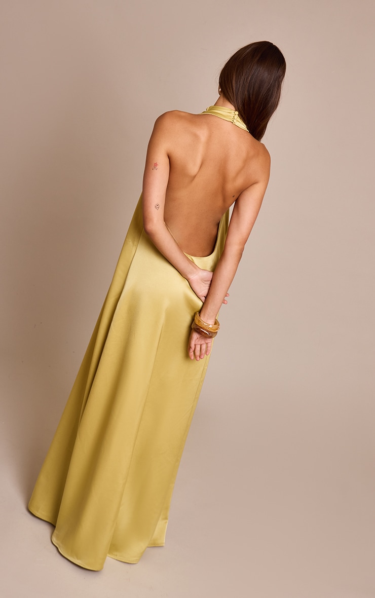 Chartreuse Satin High Neck Scoop Extreme Low Back Maxi Dress image 2
