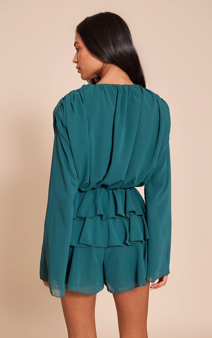 Tall Teal Chiffon V Neck Frill Tiered Romper image 2