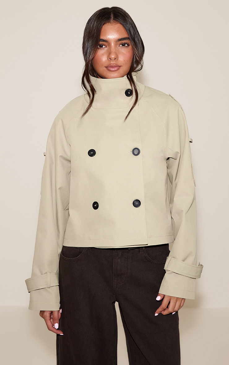 Beige Double Breasted Funnel Neck Cropped Trench Coat image 1