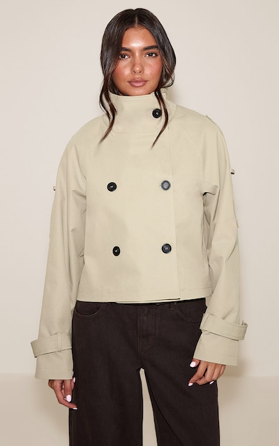 Beige Double Breasted Funnel Neck Cropped Trench Coat