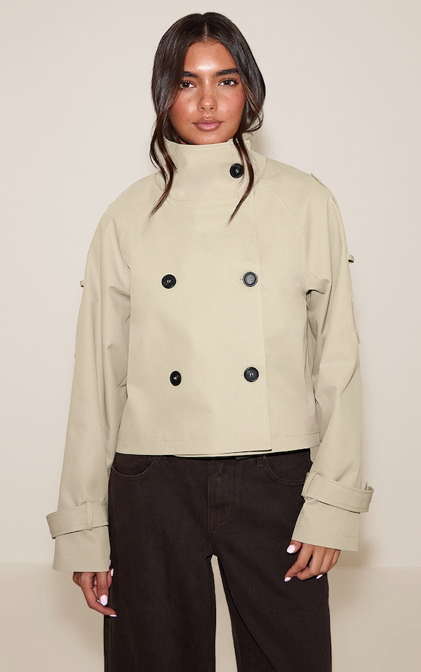 Beige Double Breasted Funnel Neck Cropped Trench Coat