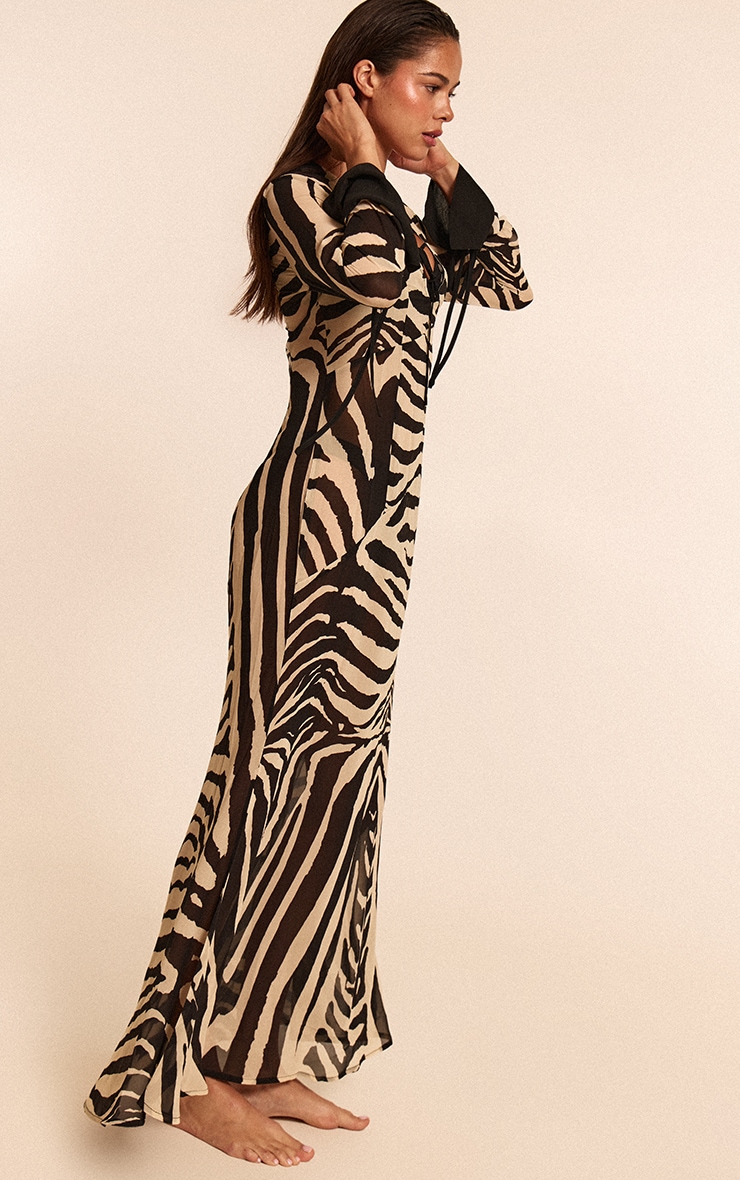 Zebra Print Chiffon Long Sleeve Maxi Beach Dress image 4