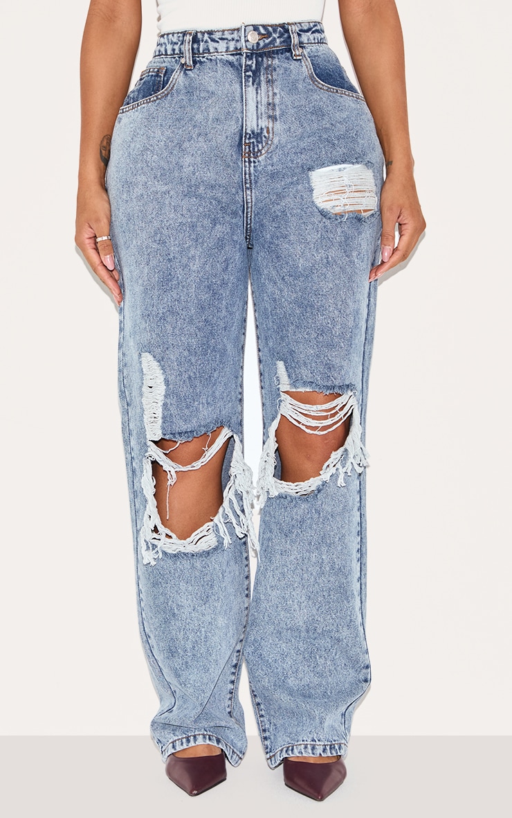 PRETTYLITTLETHING Shape Vintage Wash Extreme Rip Wide Leg Jeans image 2