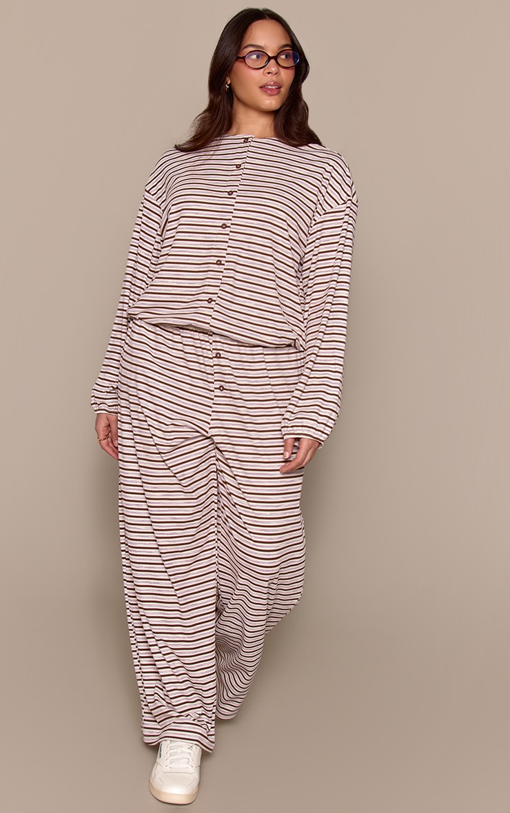 Plus Dark Brown Stripe Soft Rib Relaxed Button Up Top image 3