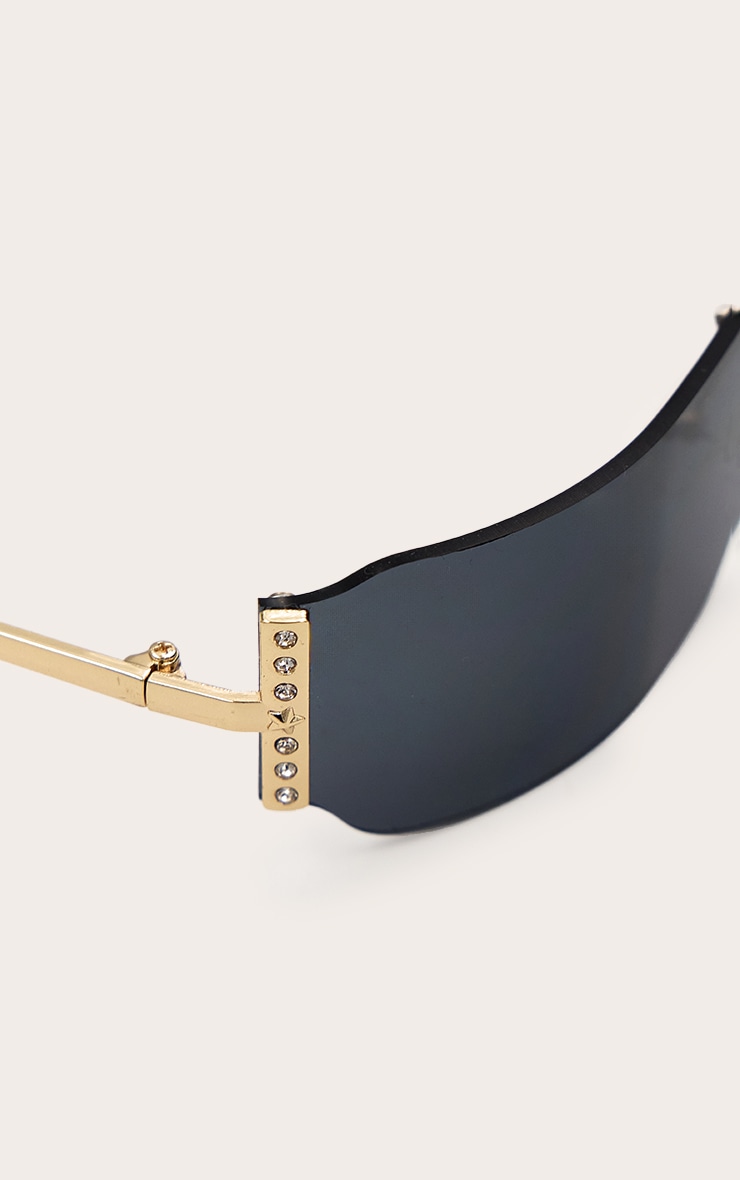 Black Square Diamante Side Wrap Round Sunglasses image 4