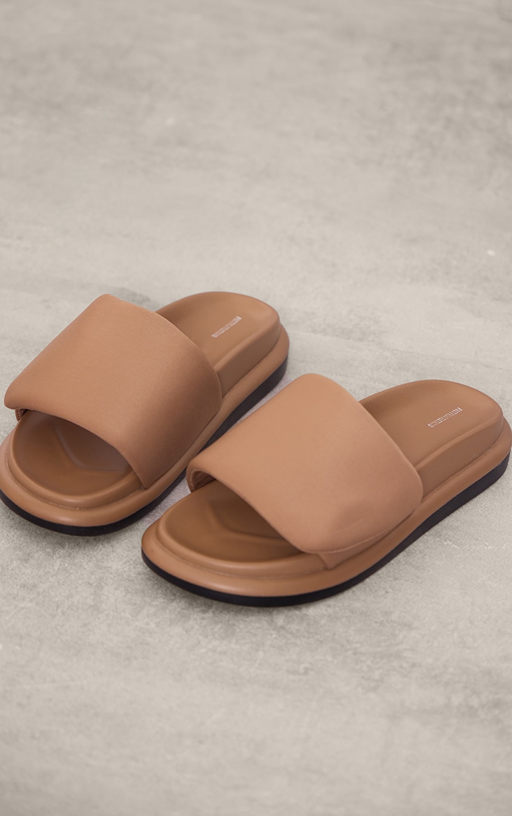 Brown Pu Round Toe Velcro Strap Flat Slider Sandals image 4